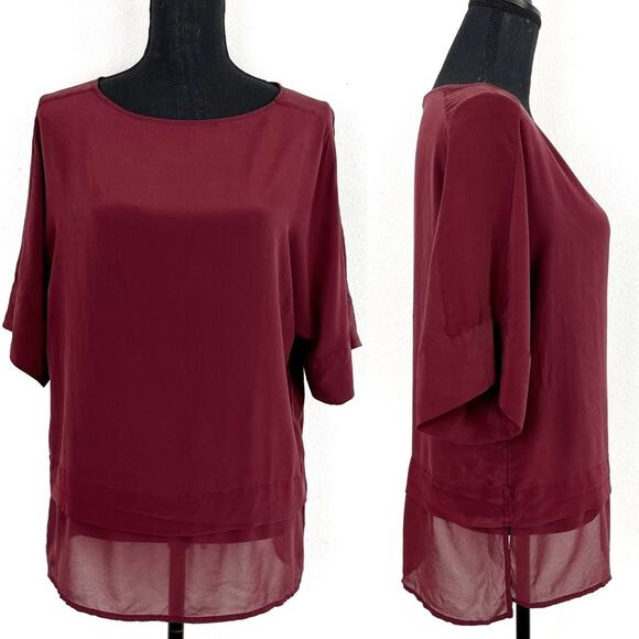 Banana Republic Women’s Silk Blouse Tunic Maroon Burgundy Short Sleeve Medium - Picture 1 of 8